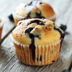 Blueberry Amish Friendship Bread Muffins on a wooden table