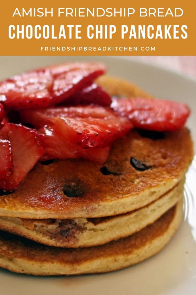 stack of chocolate chip pancakes with strawberries