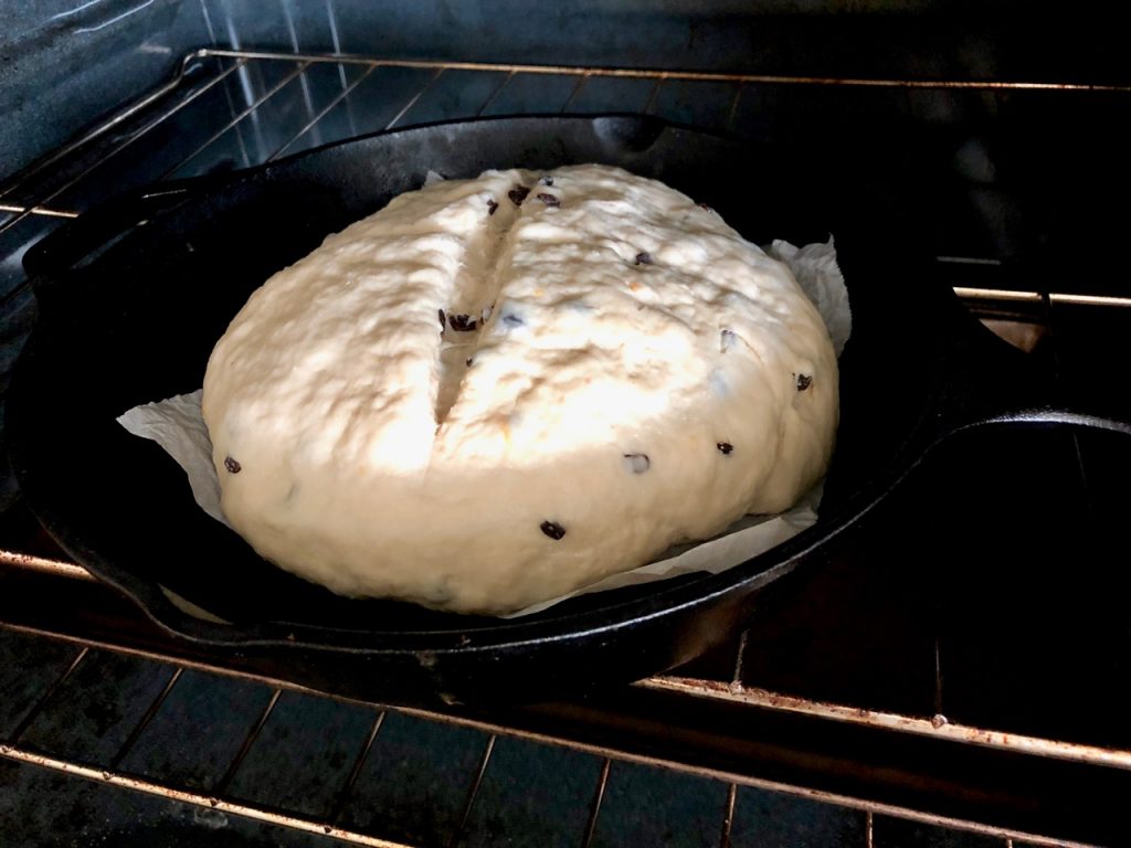 Dough Ball for Irish Soda Amish Friendship Bread recipe in cast iron pan about to go in oven | friendshipbreadkitchen.com