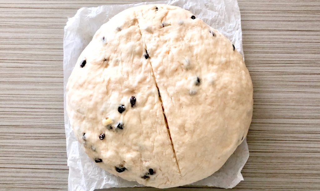 Dough Ball for Irish Soda Amish Friendship Bread recipe with single slice in dough | friendshipbreadkitchen.com