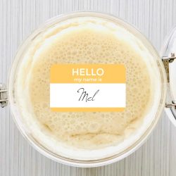 Amish Friendship Bread starter in a jar with a name tag