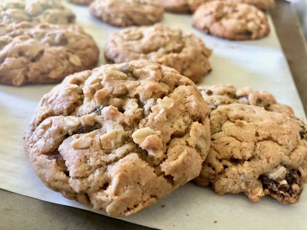 Amish Friendship Bread sourdough oatmeal raisin cookies on a baking pan.