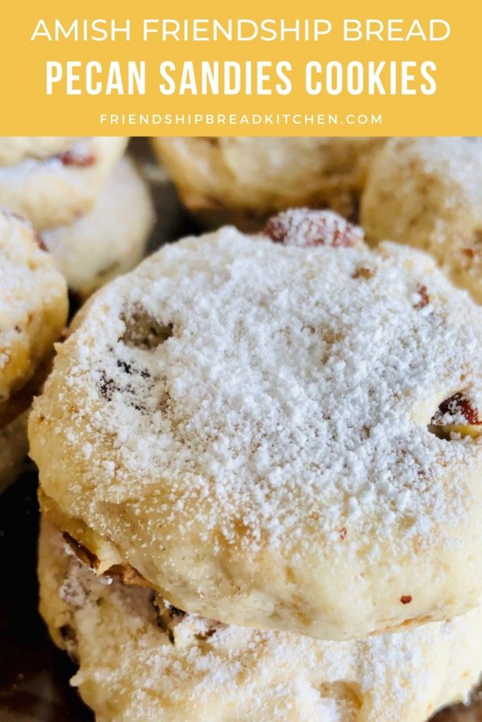 close-up of pecan sandies cookies stacked