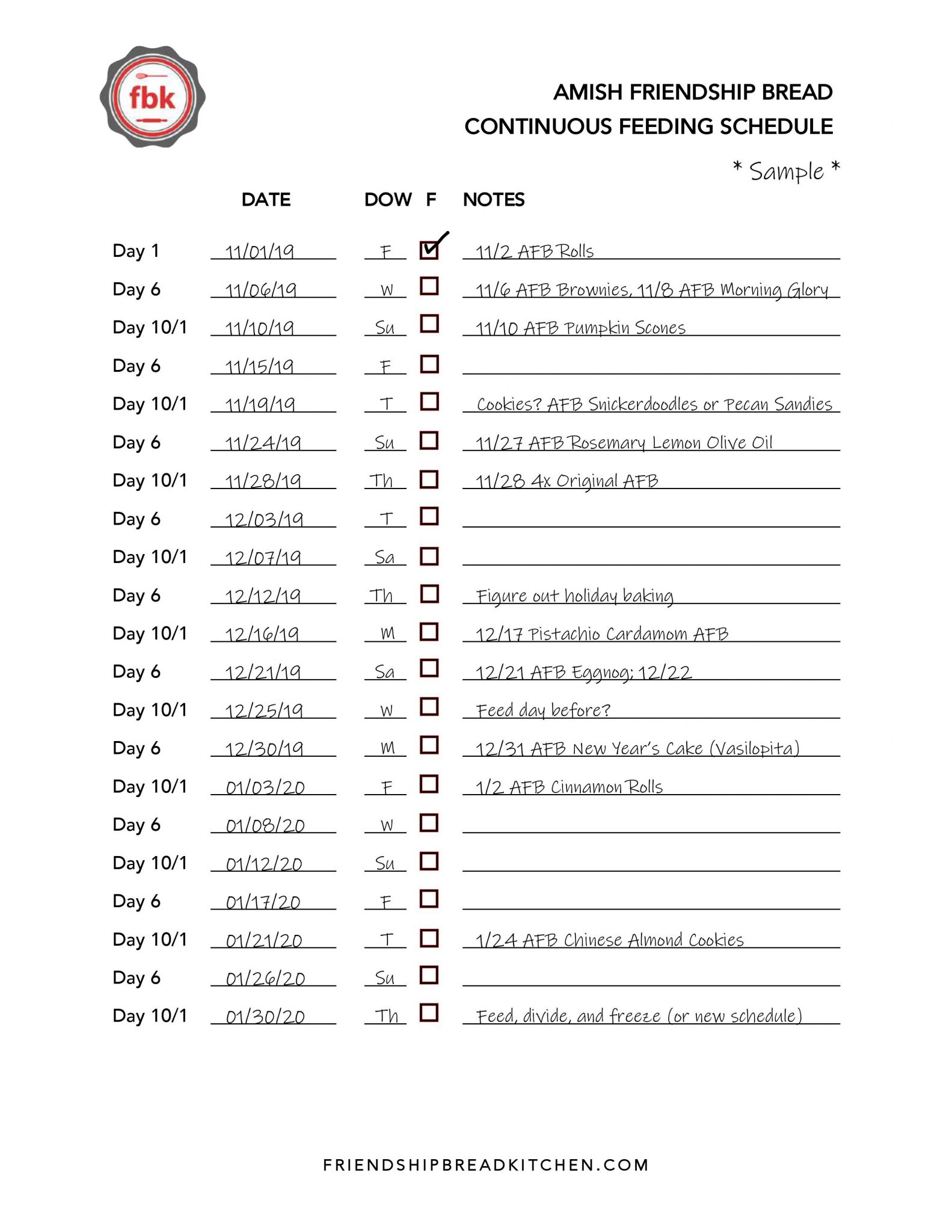 2020 Amish Friendship Bread Planner and Recipe Guide