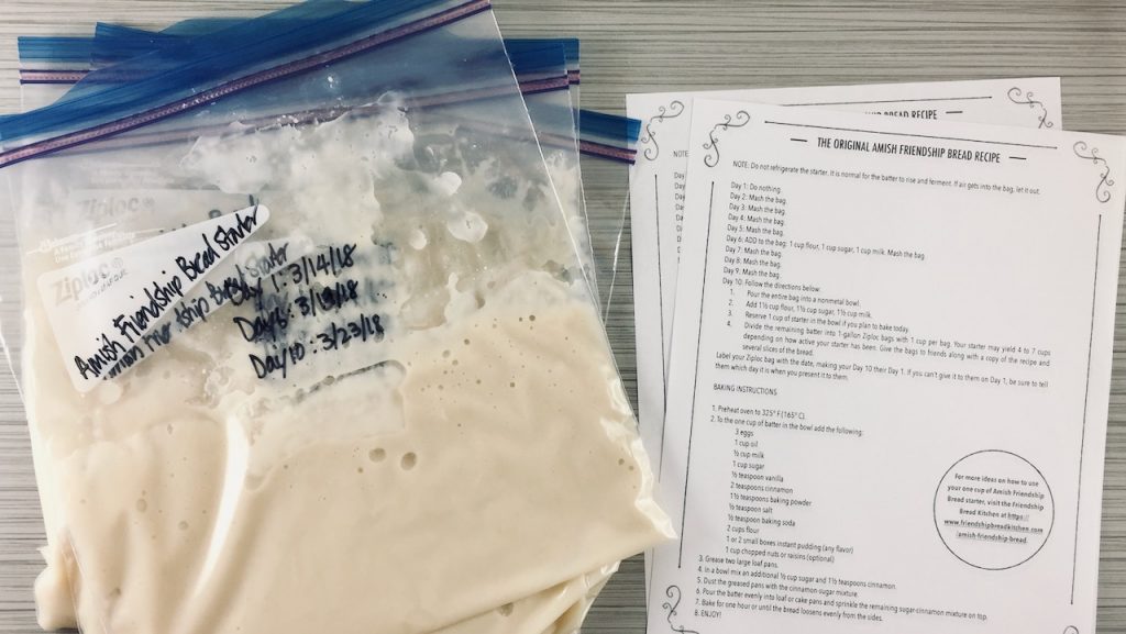 Amish Friendship Bread Starter in a Ziploc bag with instructions