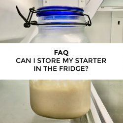 A jar of Amish Friendship Bread starter on a shelf in the refrigerator.