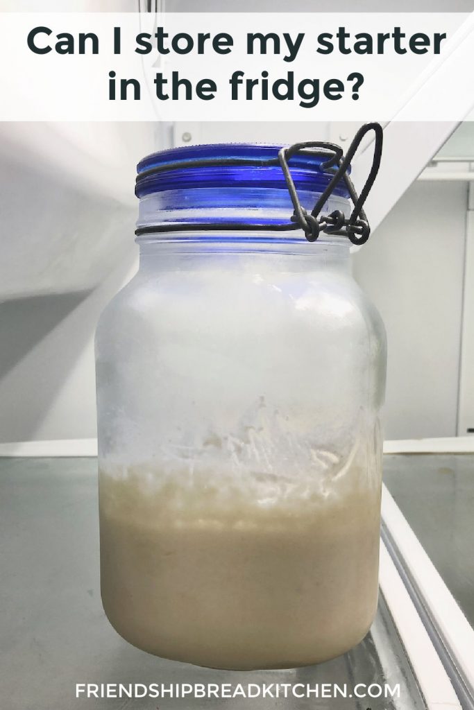 A jar of Amish Friendship Bread starter on a shelf in the refrigerator.