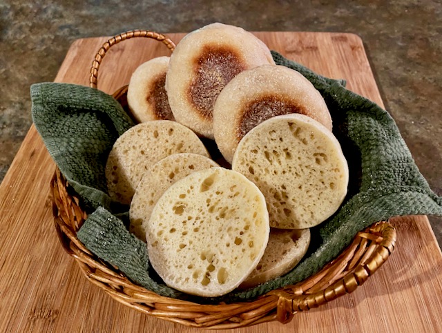 A basket of Amish Friendship Bread English Muffins