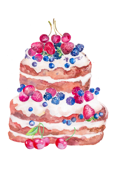 Watercolor painting of a layer cake with fresh berries.