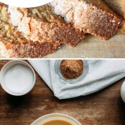 above picture of amish friendship bread sliced below batter in a glass bowl